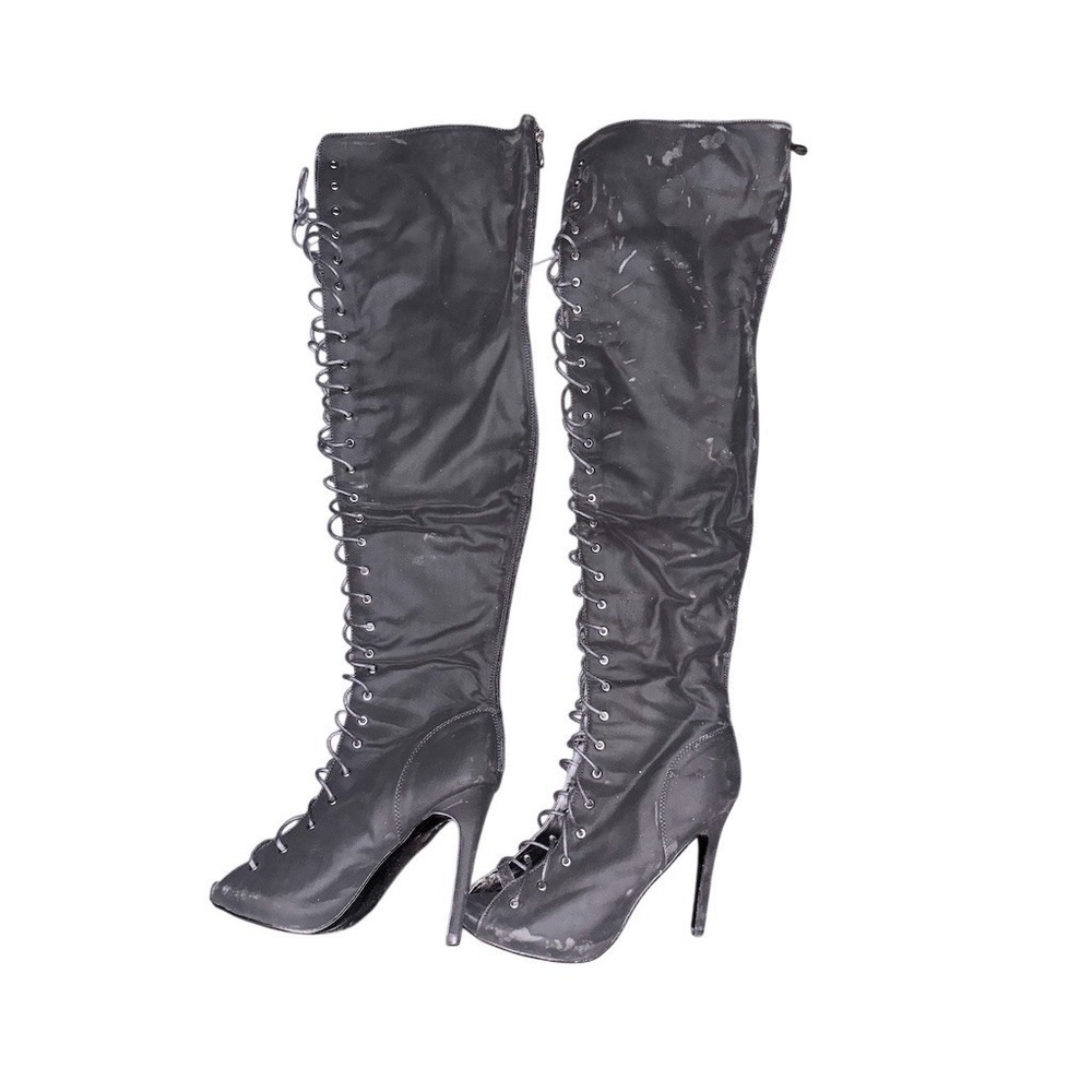 Cape Robbin Olga-1 Black Thigh High Lace Up Stiletto Boots Womens 10 Peep Toe